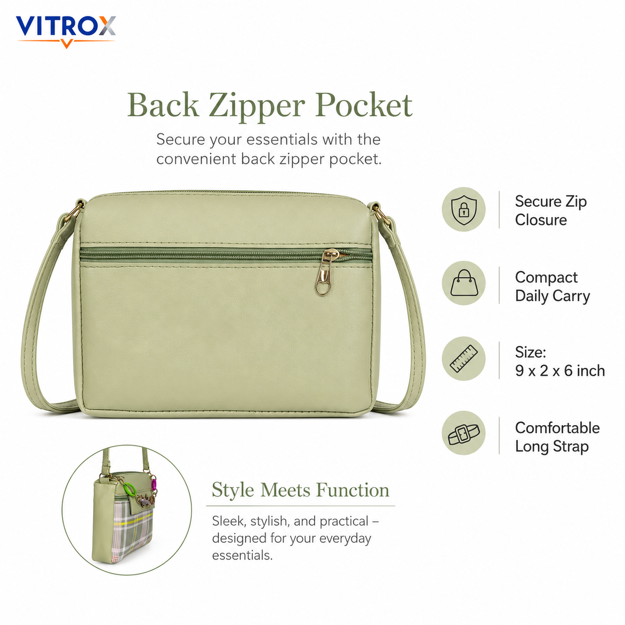 Vitrox Sage Green Plaid Ladies Crossbody Bag with Decorative Chain