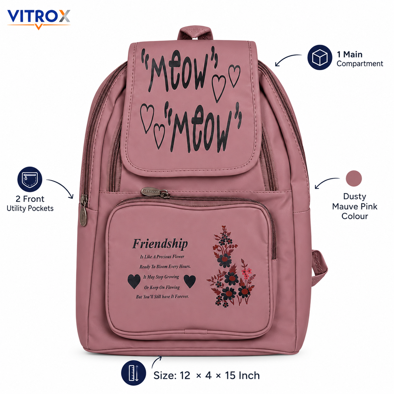 Vitrox Dusty Mauve Pink Printed Ladies Backpack