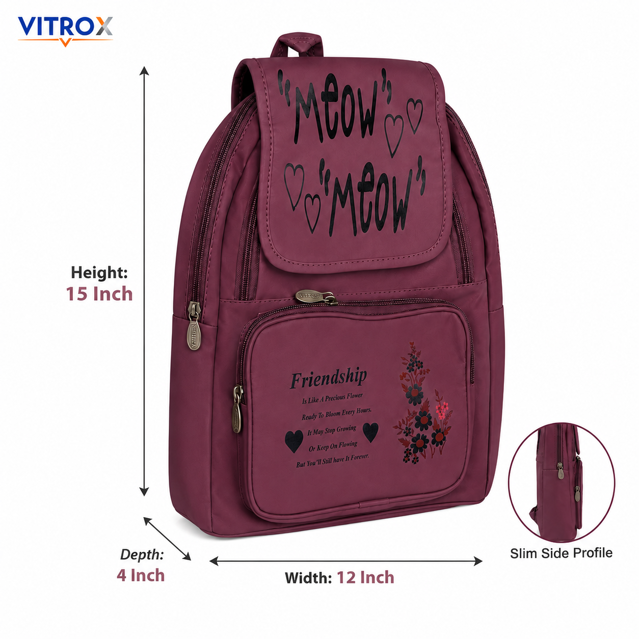 Vitrox Women’s Wine Mauve Printed Backpack with Adjustable Straps
