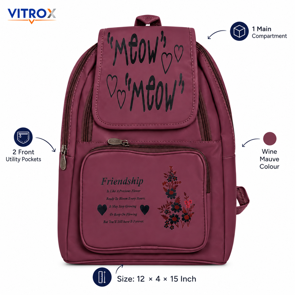 Vitrox Women’s Wine Mauve Printed Backpack with Adjustable Straps