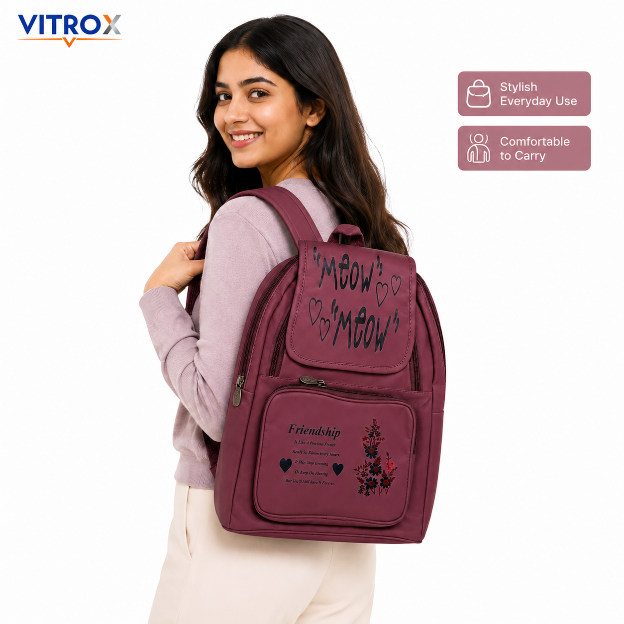 Vitrox Women’s Wine Mauve Printed Backpack with Adjustable Straps