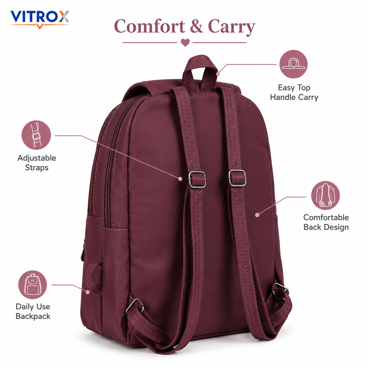 Vitrox Women’s Wine Mauve Printed Backpack with Adjustable Straps