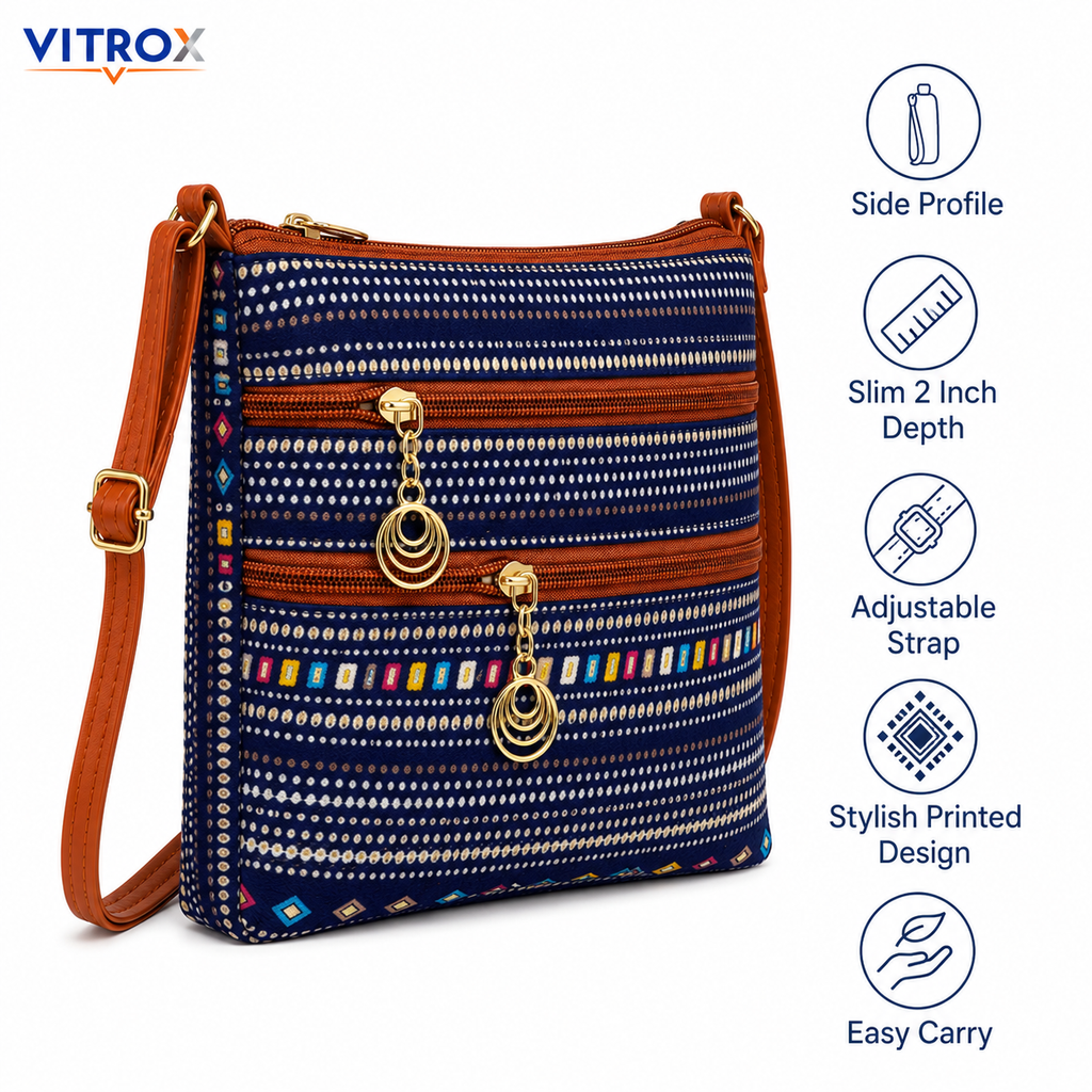 Vitrox Ladies Printed Sling Bag – Navy Blue Multicolor Crossbody Bag