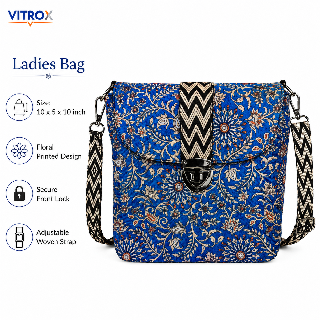 Vitrox Ladies Floral Printed Sling Bag – Blue | 10 x 5 x 10 Inch