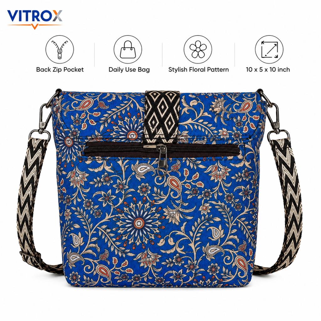 Vitrox Ladies Floral Printed Sling Bag – Blue | 10 x 5 x 10 Inch