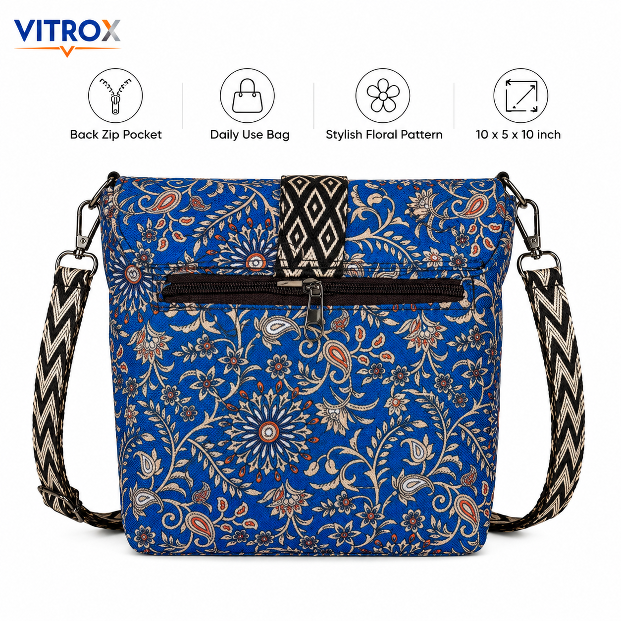 Vitrox Ladies Floral Printed Sling Bag – Blue | 10 x 5 x 10 Inch