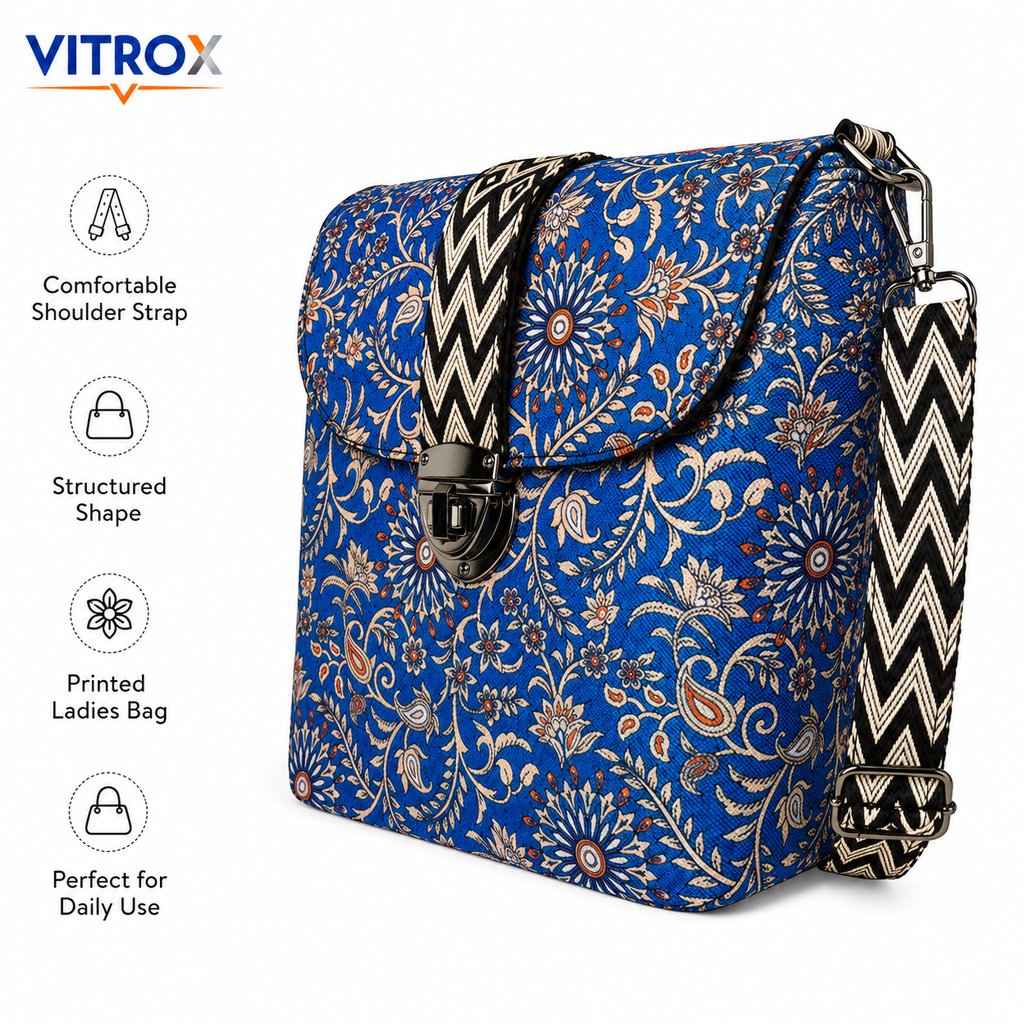 Vitrox Ladies Floral Printed Sling Bag – Blue | 10 x 5 x 10 Inch