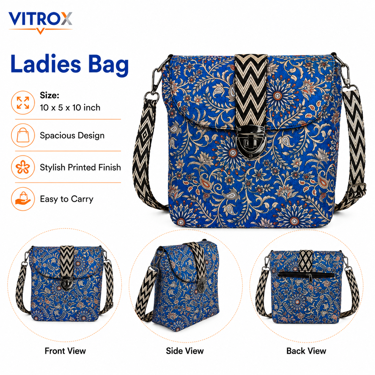 Vitrox Ladies Floral Printed Sling Bag – Blue | 10 x 5 x 10 Inch