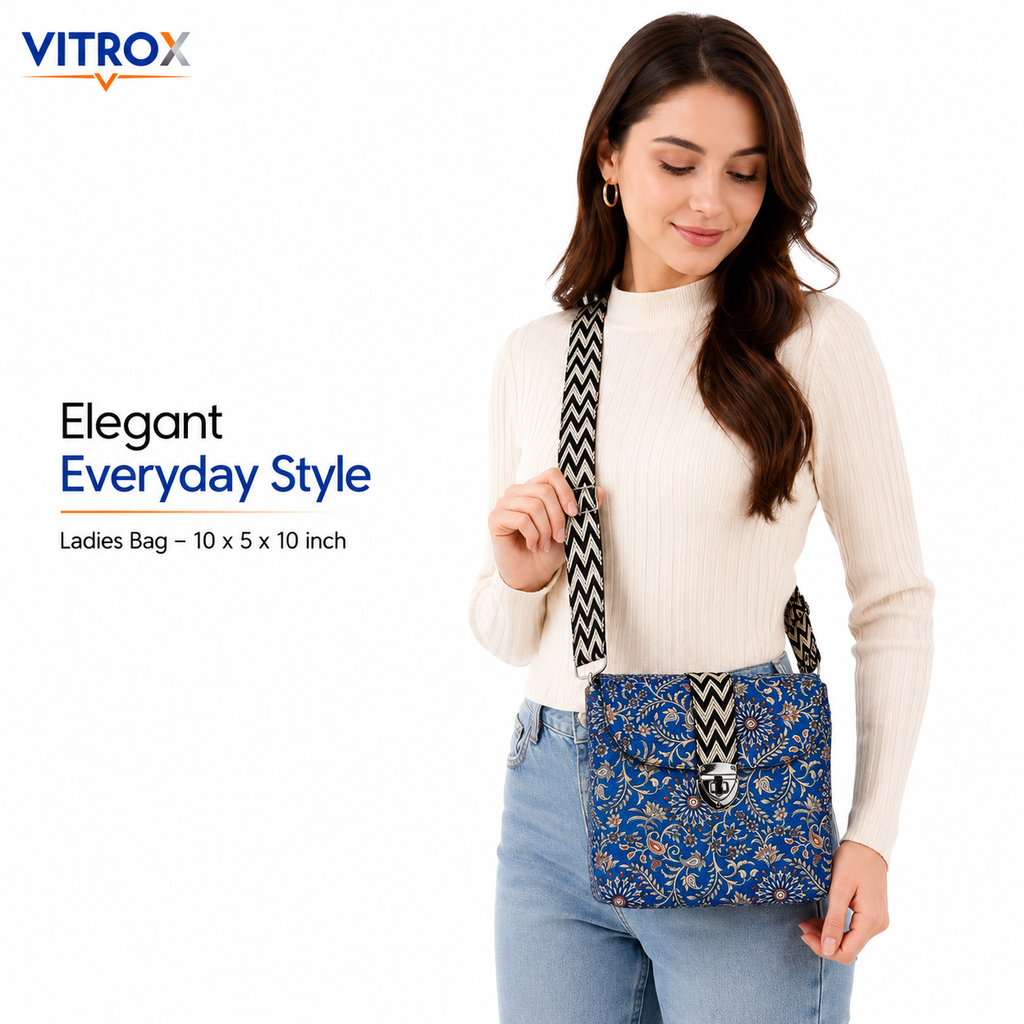 Vitrox Ladies Floral Printed Sling Bag – Blue | 10 x 5 x 10 Inch