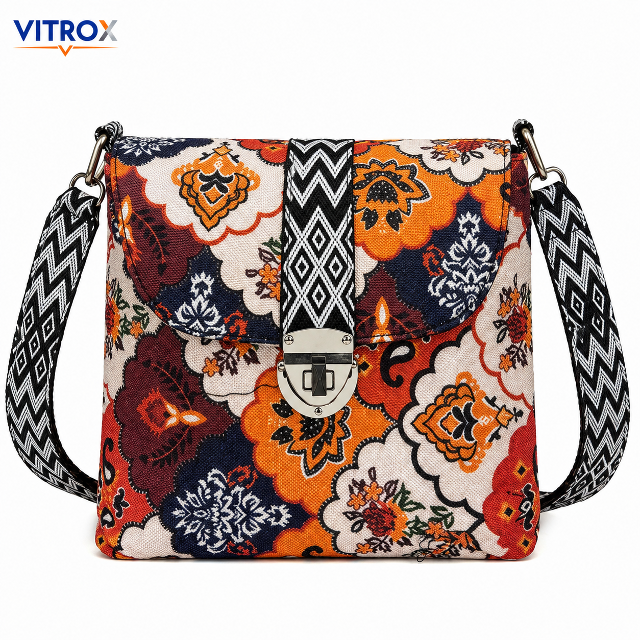 Vitrox Floral Printed Ladies Shoulder Bag – Blue Multi-Colour Printed Sling Bag with Adjustable Strap