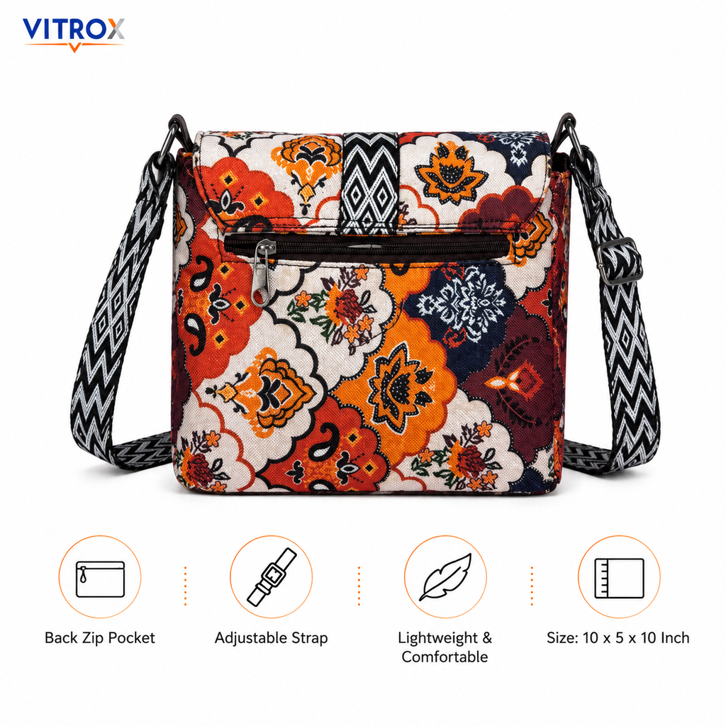 Vitrox Floral Printed Ladies Shoulder Bag – Blue Multi-Colour Printed Sling Bag with Adjustable Strap