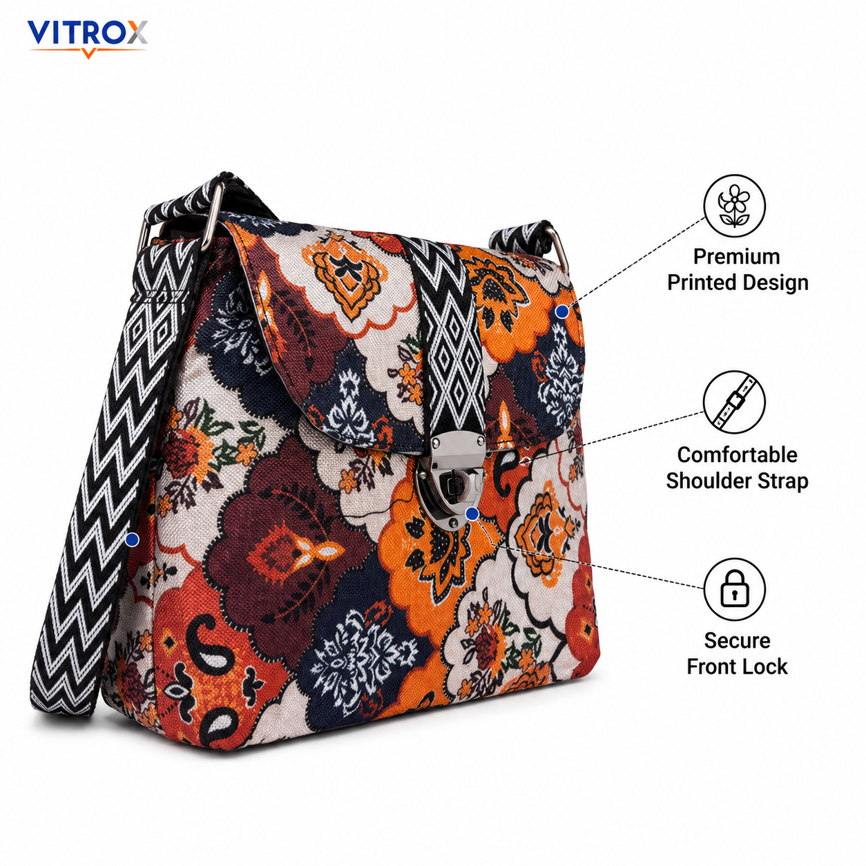 Vitrox Floral Printed Ladies Shoulder Bag – Blue Multi-Colour Printed Sling Bag with Adjustable Strap