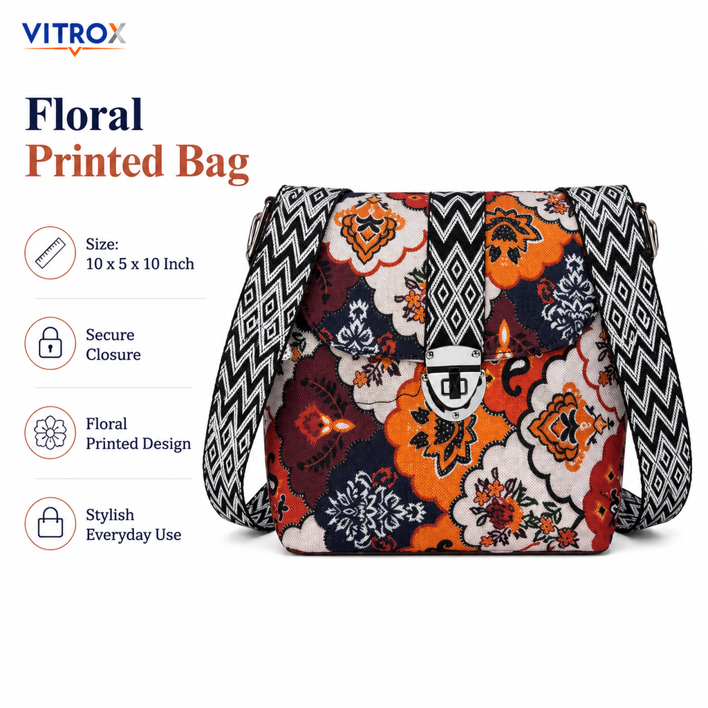 Vitrox Floral Printed Ladies Shoulder Bag – Blue Multi-Colour Printed Sling Bag with Adjustable Strap