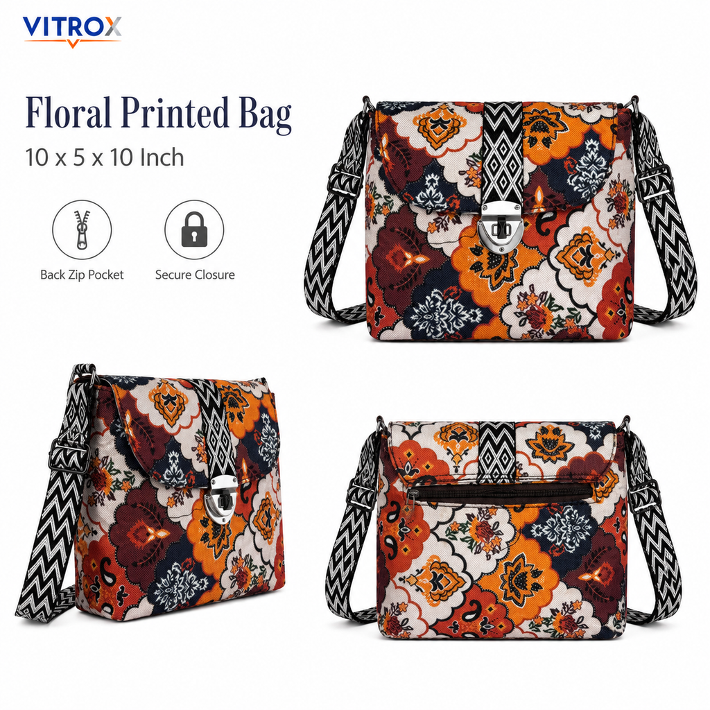 Vitrox Floral Printed Ladies Shoulder Bag – Blue Multi-Colour Printed Sling Bag with Adjustable Strap