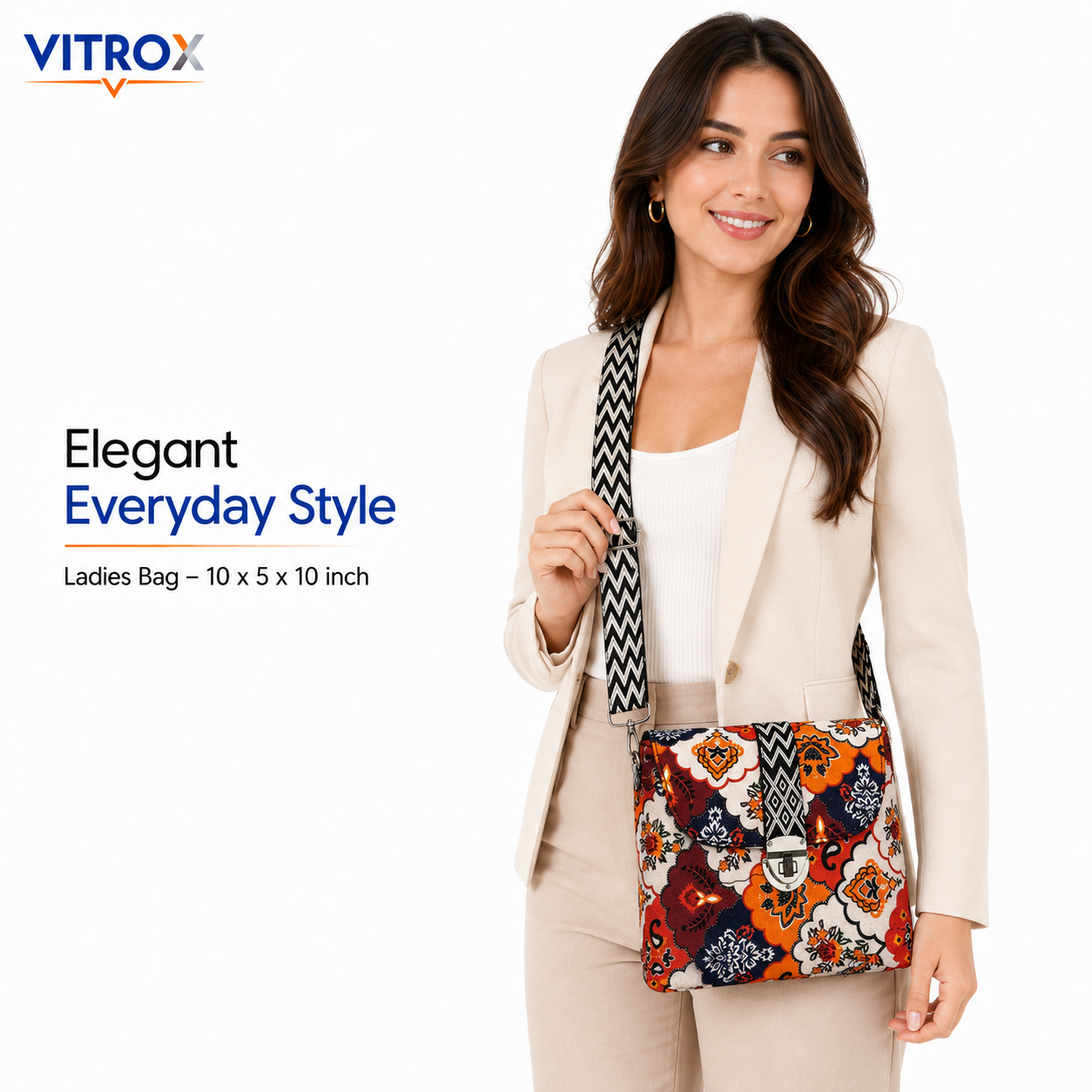 Vitrox Floral Printed Ladies Shoulder Bag – Blue Multi-Colour Printed Sling Bag with Adjustable Strap