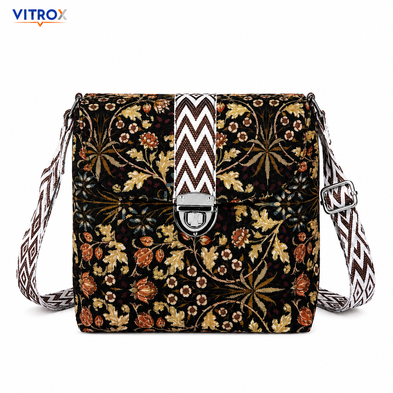 Vitrox Ladies Printed Shoulder Bag – Dark Brown Floral Design, Adjustable Strap