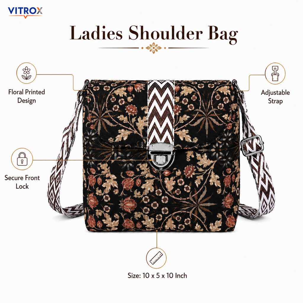 Vitrox Ladies Printed Shoulder Bag – Dark Brown Floral Design, Adjustable Strap