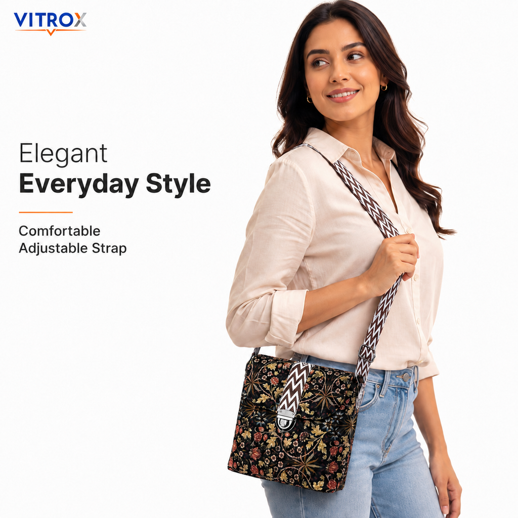 Vitrox Ladies Printed Shoulder Bag – Dark Brown Floral Design, Adjustable Strap