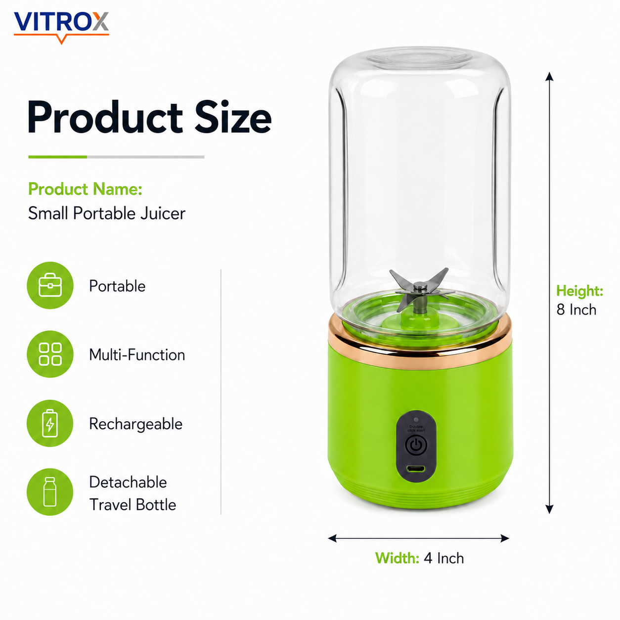 Vitrox Small Portable Juicer – Green Mini Rechargeable Blender with Free Juice Bottle | 400ml x 2 Cup Set