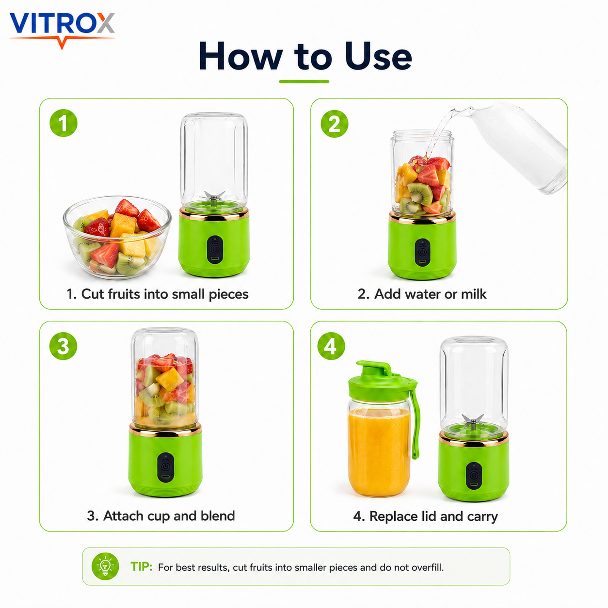 Vitrox Small Portable Juicer – Green Mini Rechargeable Blender with Free Juice Bottle | 400ml x 2 Cup Set
