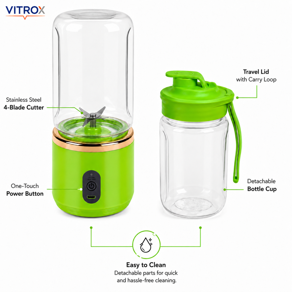 Vitrox Small Portable Juicer – Green Mini Rechargeable Blender with Free Juice Bottle | 400ml x 2 Cup Set