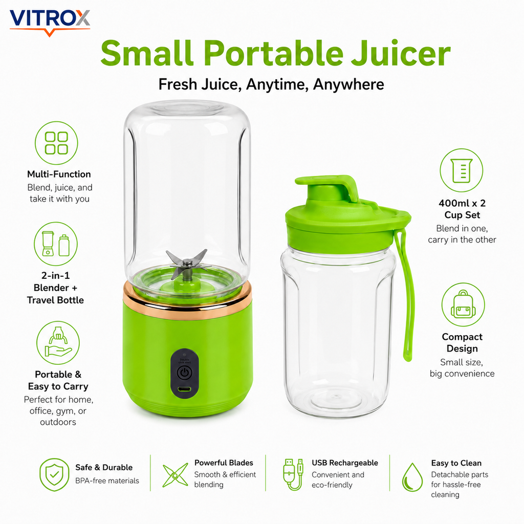 Vitrox Small Portable Juicer – Green Mini Rechargeable Blender with Free Juice Bottle | 400ml x 2 Cup Set