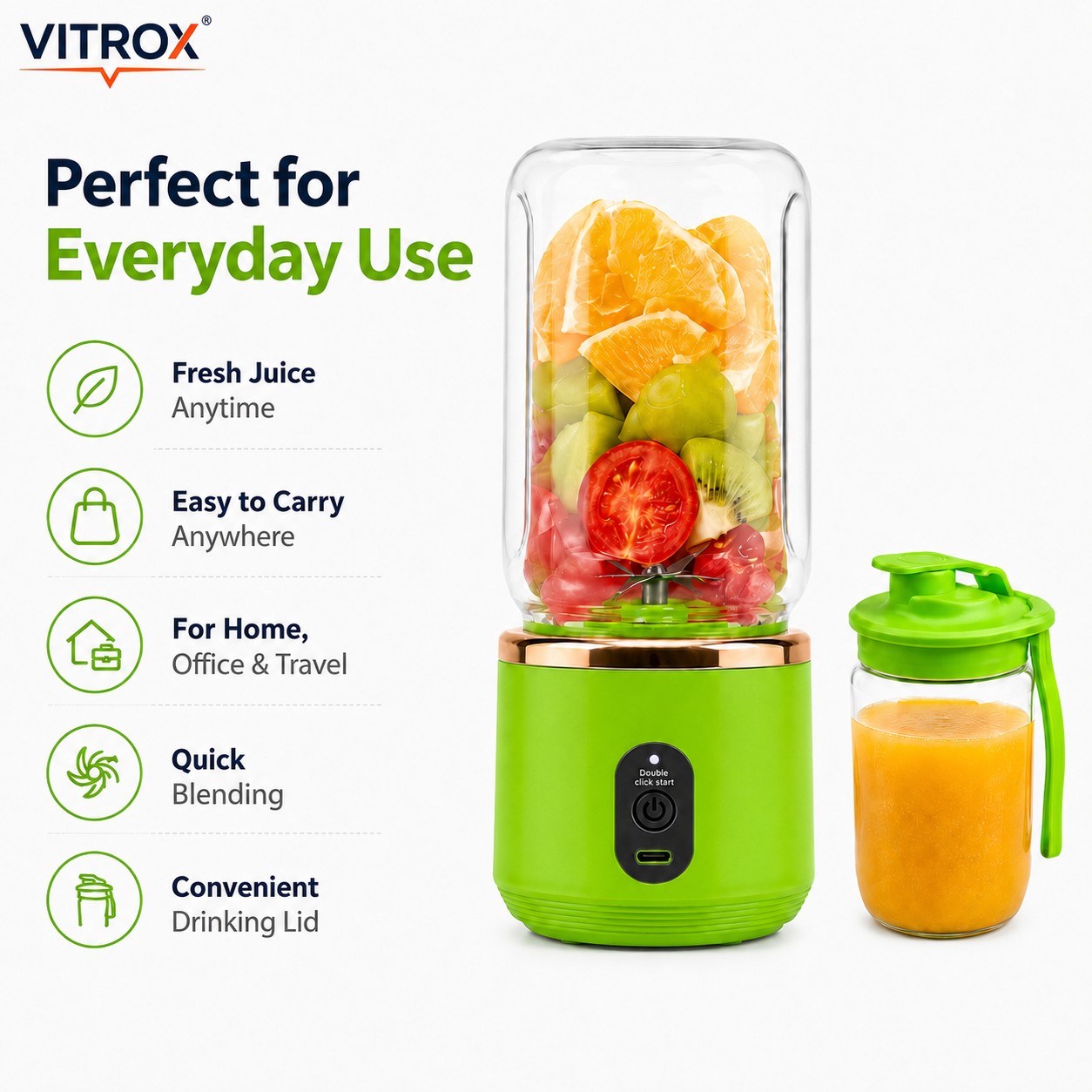 Vitrox Small Portable Juicer – Green Mini Rechargeable Blender with Free Juice Bottle | 400ml x 2 Cup Set
