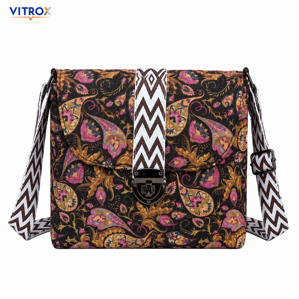 Vitrox Printed Ladies Shoulder Bag – Black Multicolour Floral Design, Adjustable Strap