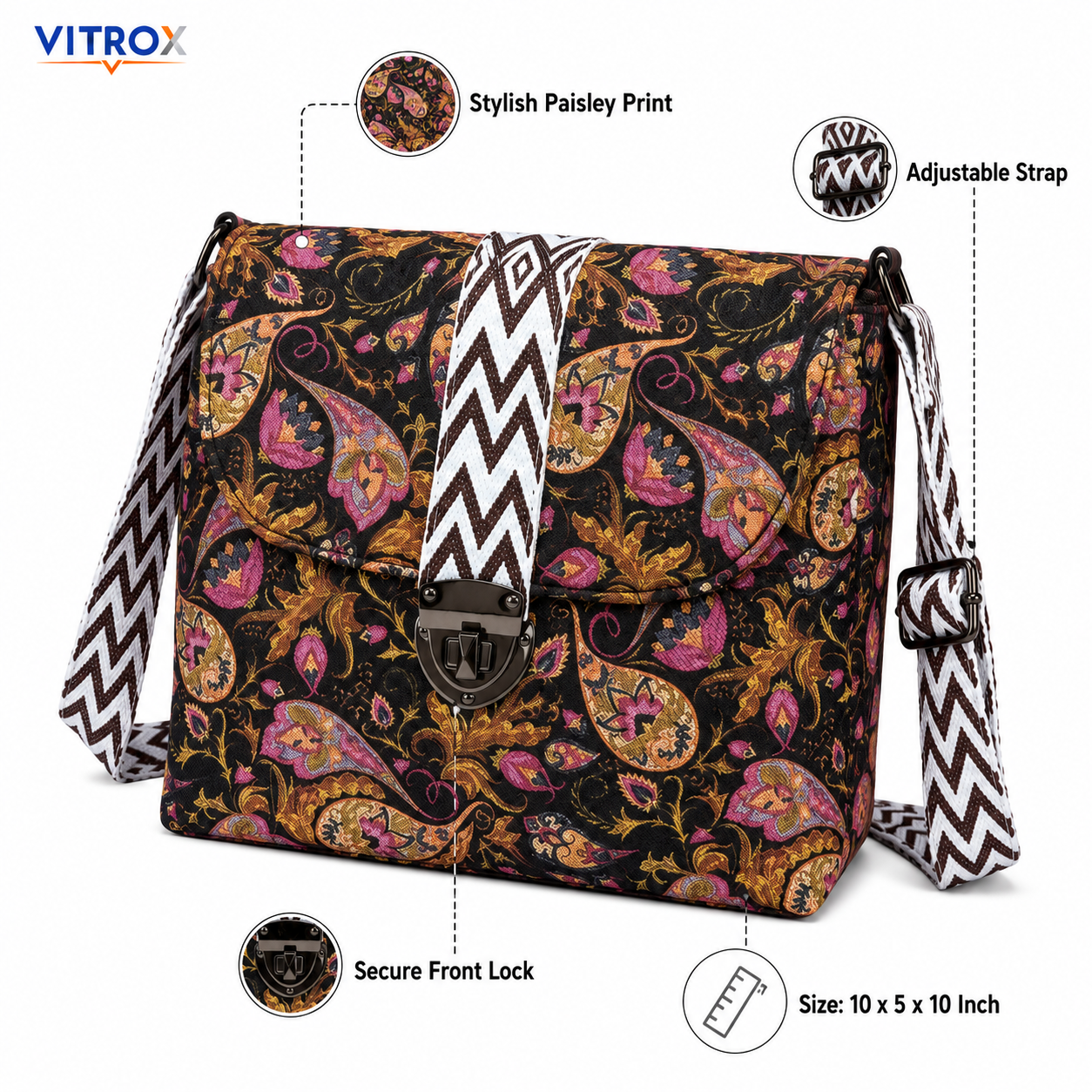 Vitrox Printed Ladies Shoulder Bag – Black Multicolour Floral Design, Adjustable Strap