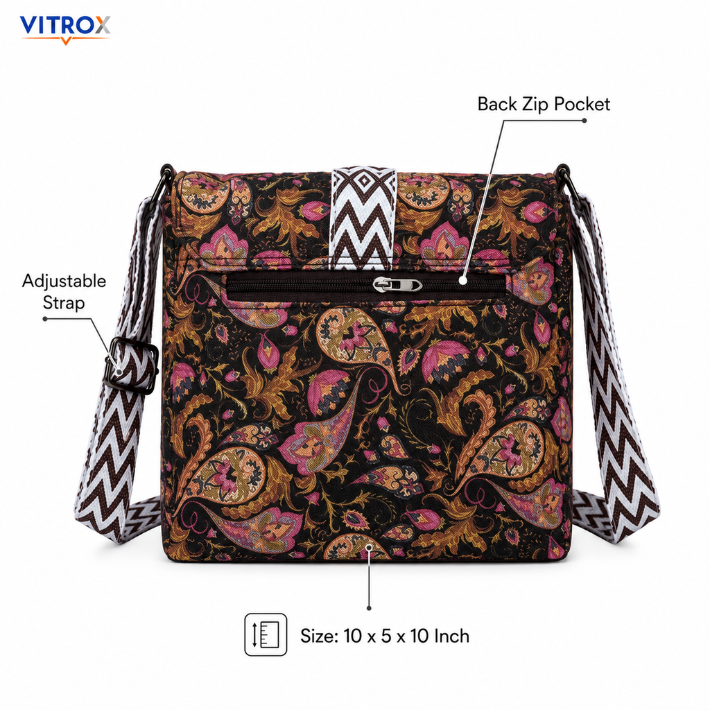 Vitrox Printed Ladies Shoulder Bag – Black Multicolour Floral Design, Adjustable Strap