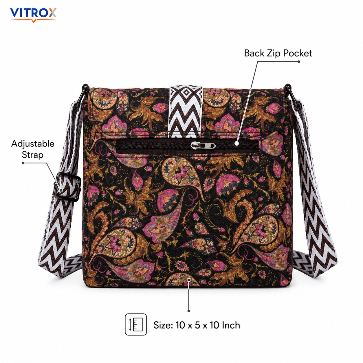 Vitrox Printed Ladies Shoulder Bag – Black Multicolour Floral Design, Adjustable Strap