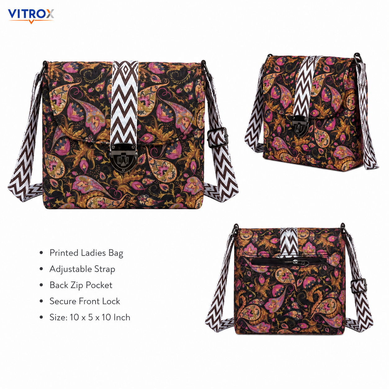 Vitrox Printed Ladies Shoulder Bag – Black Multicolour Floral Design, Adjustable Strap