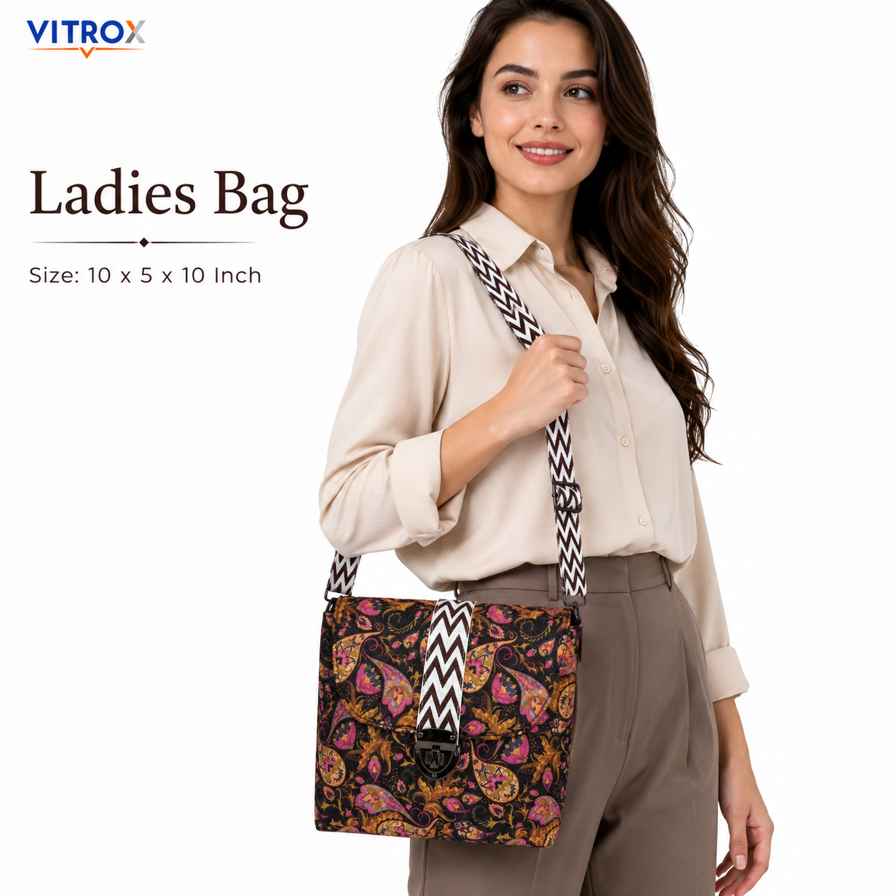 Vitrox Printed Ladies Shoulder Bag – Black Multicolour Floral Design, Adjustable Strap