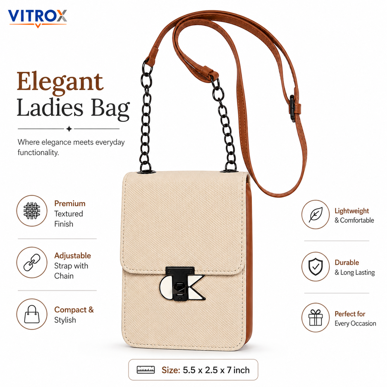 Vitrox Compact Cream Ladies Crossbody Bag with Chain Strap