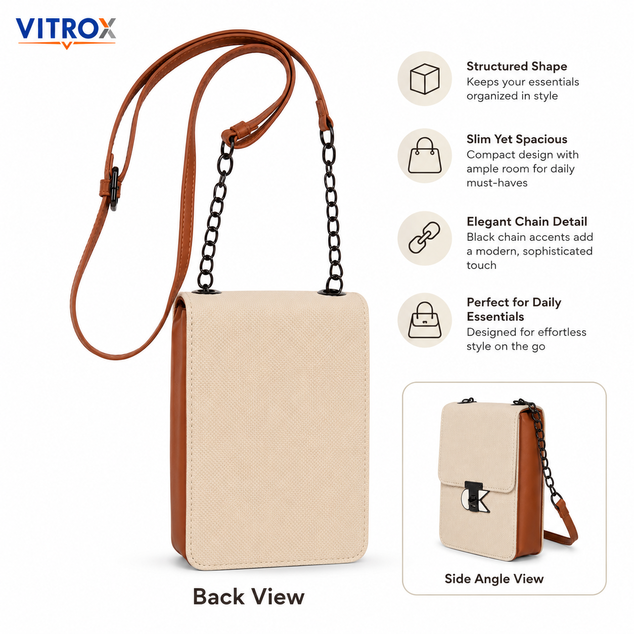 Vitrox Compact Cream Ladies Crossbody Bag with Chain Strap