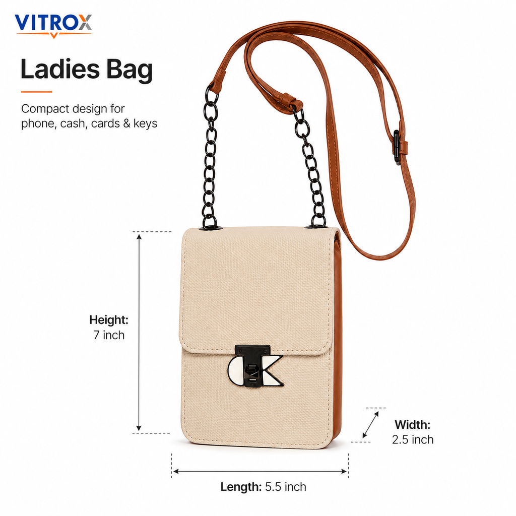 Vitrox Compact Cream Ladies Crossbody Bag with Chain Strap