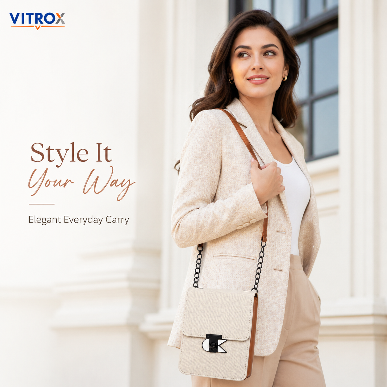 Vitrox Compact Cream Ladies Crossbody Bag with Chain Strap