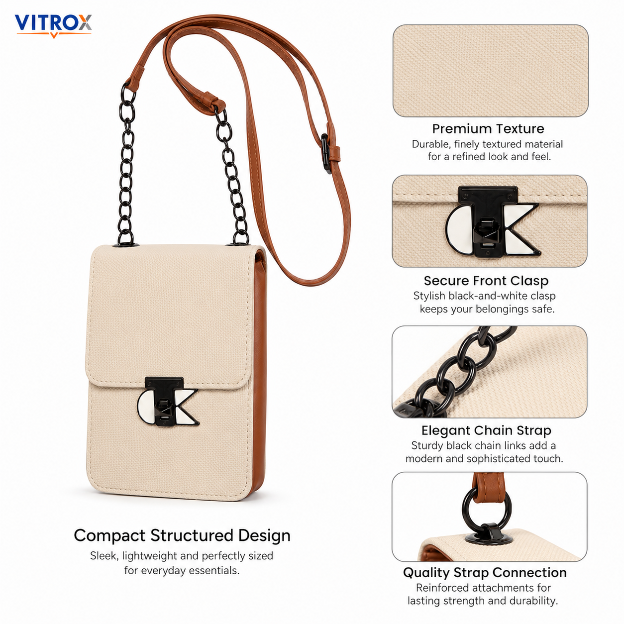 Vitrox Compact Cream Ladies Crossbody Bag with Chain Strap