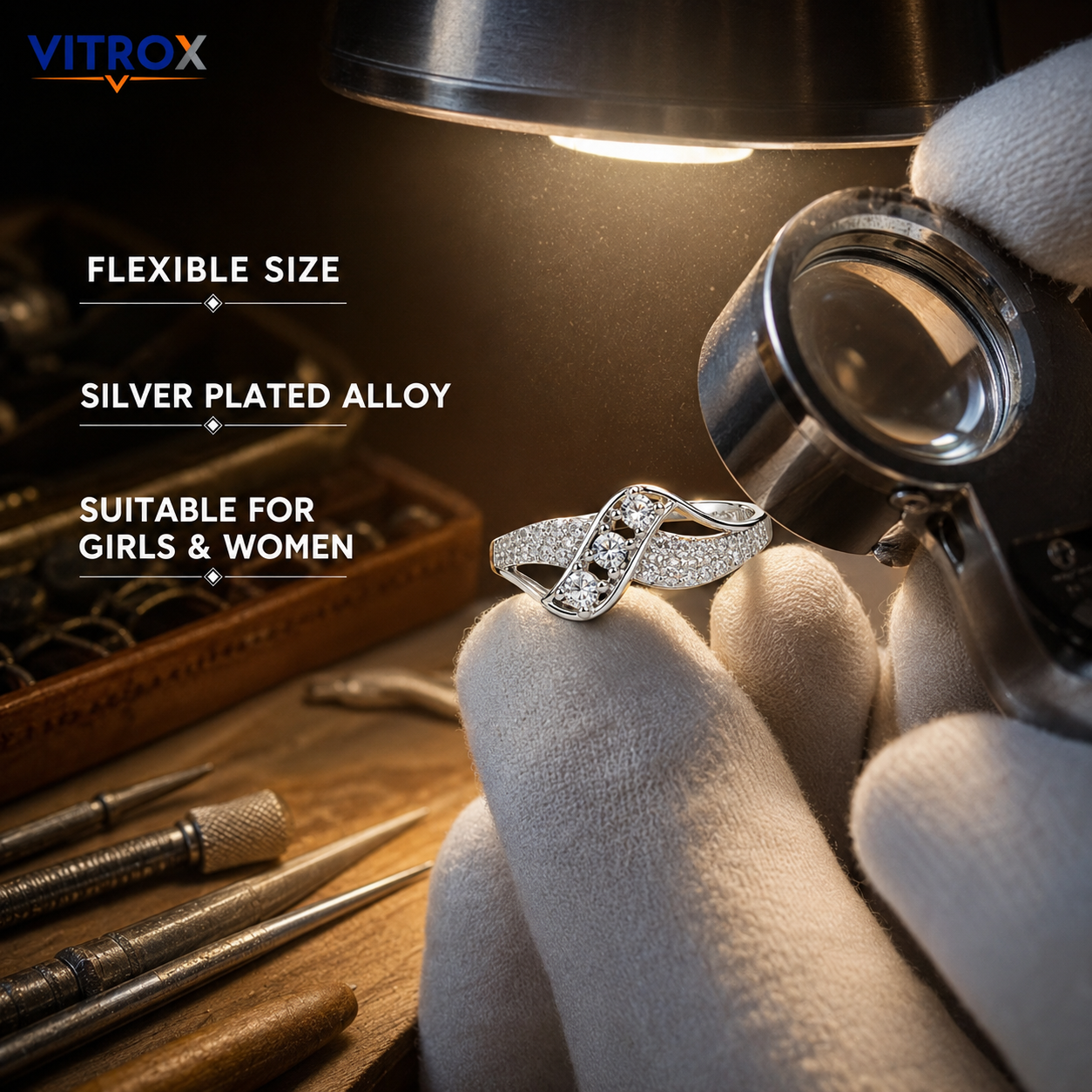 Vitrox Silver-Plated Alloy Adjustable Ring for Girls &amp; Women – Flexible Size