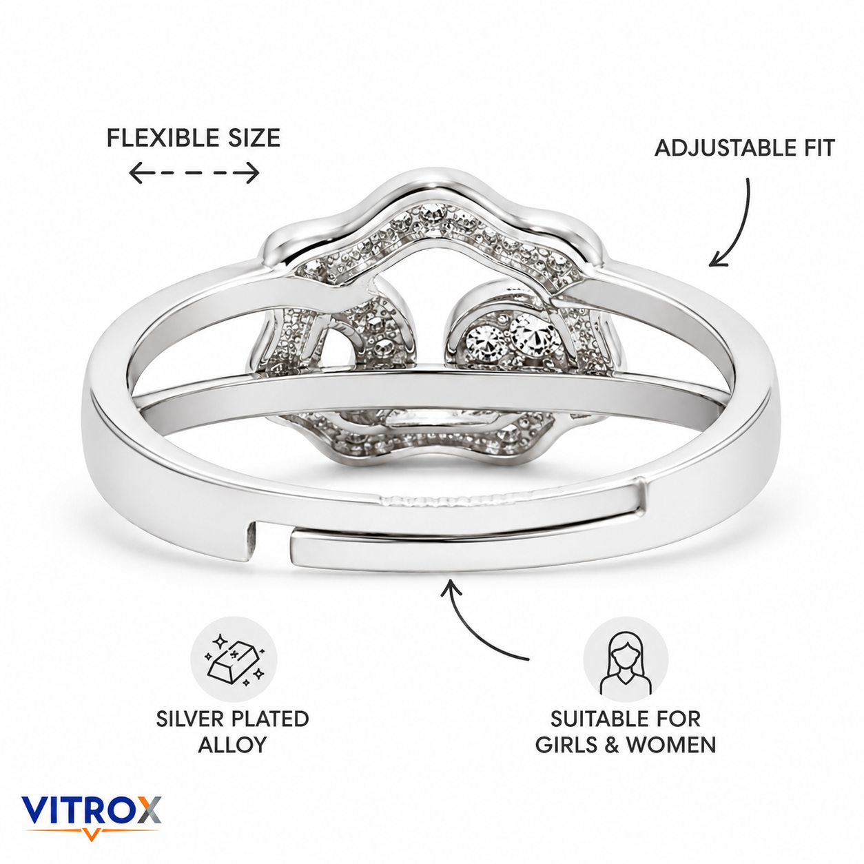 Vitrox Silver-Plated Alloy Adjustable Ring for Girls &amp; Women – Flexible Size