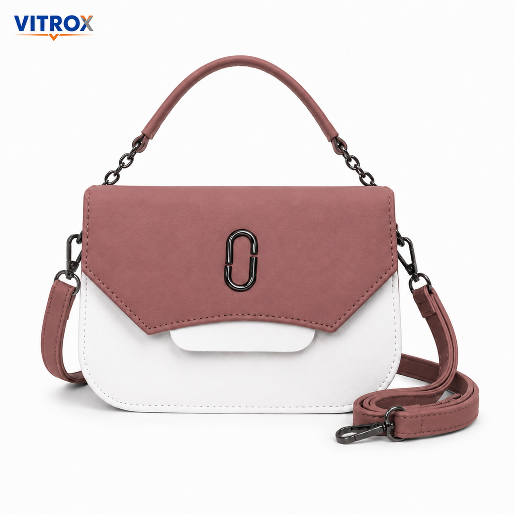 Vitrox Mauve Pink & White Ladies Sling Bag – Compact Shoulder Bag with Chain Handle & Long Strap