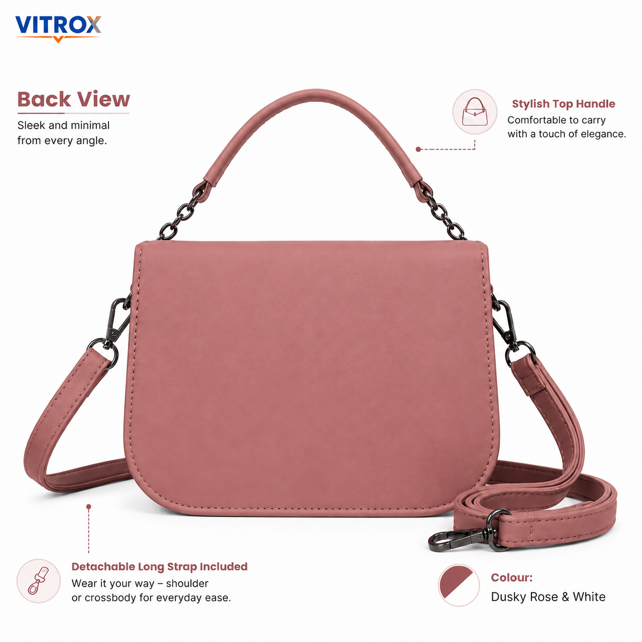 Vitrox Mauve Pink & White Ladies Sling Bag – Compact Shoulder Bag with Chain Handle & Long Strap