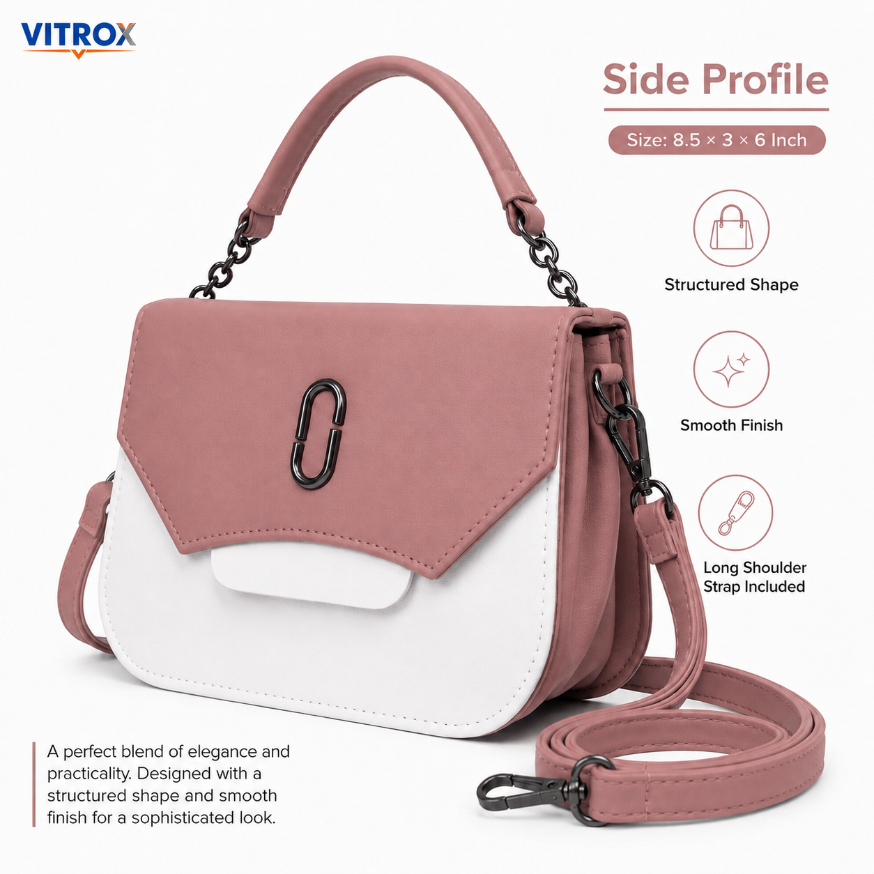 Vitrox Mauve Pink & White Ladies Sling Bag – Compact Shoulder Bag with Chain Handle & Long Strap