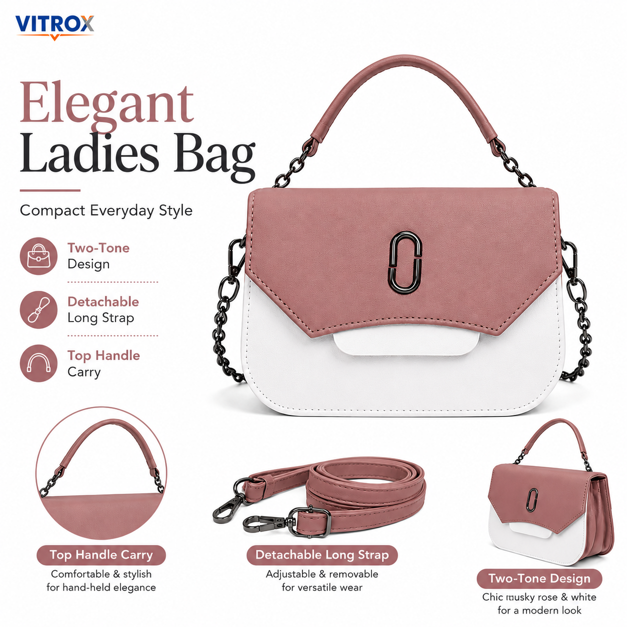 Vitrox Mauve Pink & White Ladies Sling Bag – Compact Shoulder Bag with Chain Handle & Long Strap