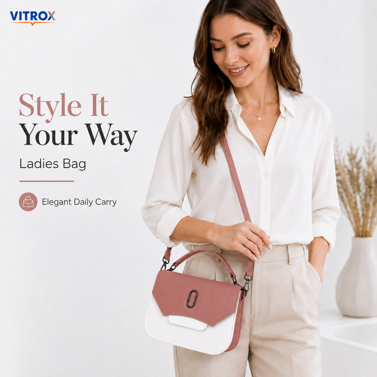 Vitrox Mauve Pink & White Ladies Sling Bag – Compact Shoulder Bag with Chain Handle & Long Strap