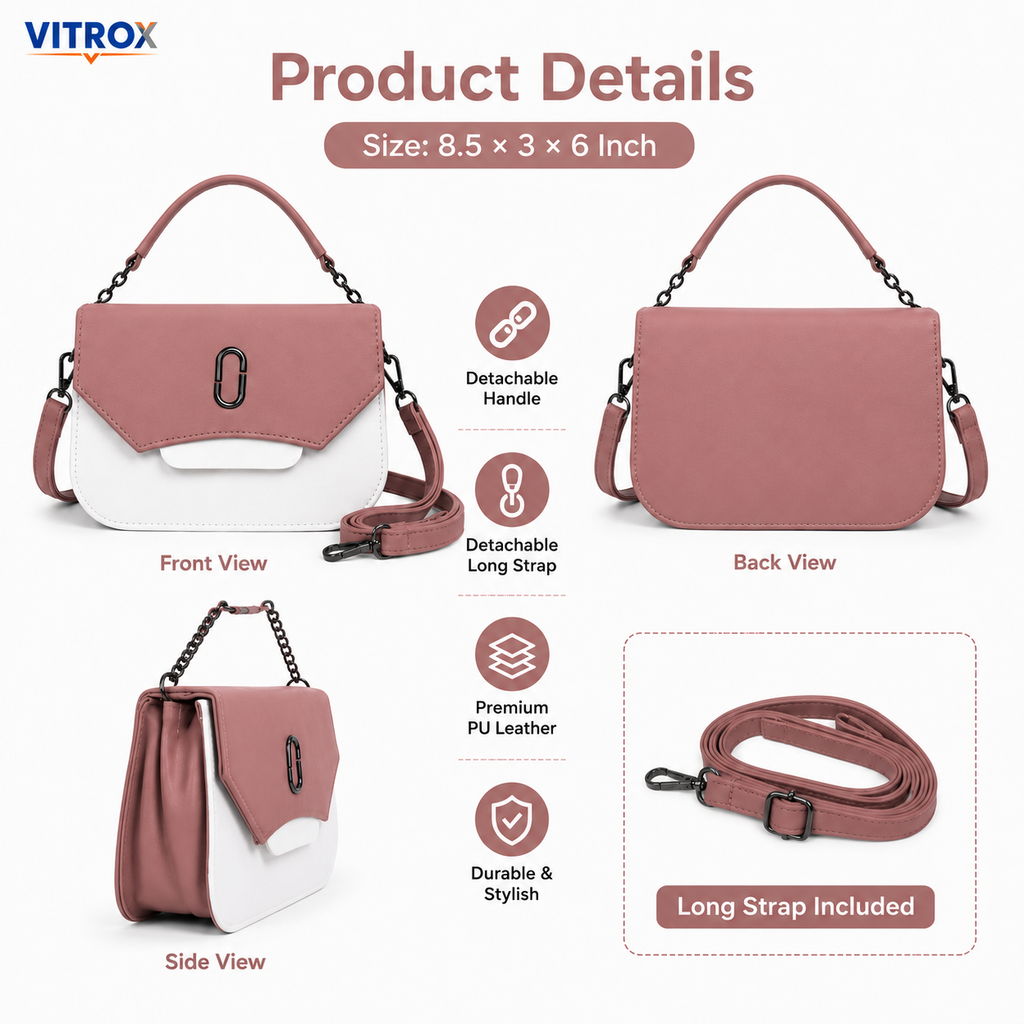 Vitrox Mauve Pink & White Ladies Sling Bag – Compact Shoulder Bag with Chain Handle & Long Strap