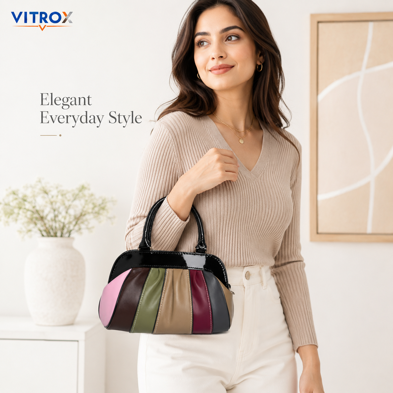 Vitrox Multicolour Glossy Ladies Handbag – 8.5 x 3 x 6 Inch Stylish Hand Carry Bag