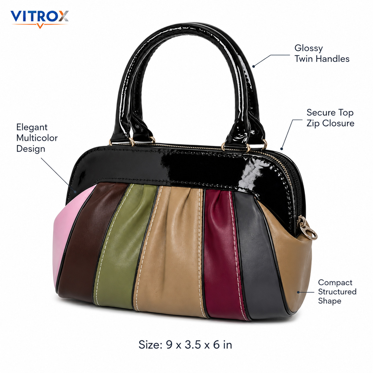 Vitrox Multicolour Glossy Ladies Handbag – 8.5 x 3 x 6 Inch Stylish Hand Carry Bag