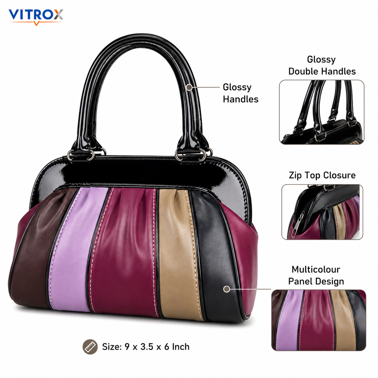 Vitrox Multicolour Glossy Ladies Handbag – 8.5 x 3 x 6 Inch Stylish Hand Carry Bag