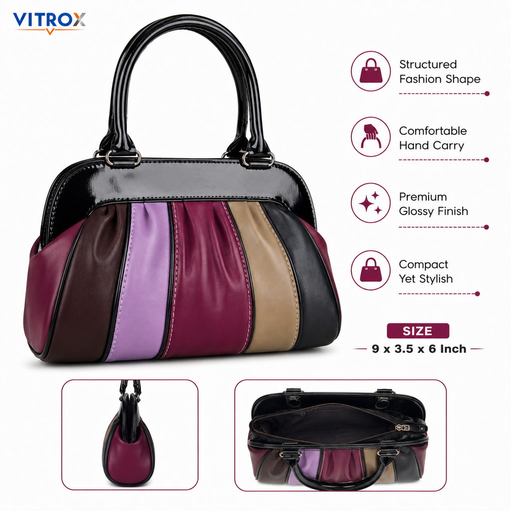 Vitrox Multicolour Glossy Ladies Handbag – 8.5 x 3 x 6 Inch Stylish Hand Carry Bag